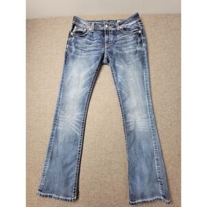Miss Me Jeans Women's 32 Blue Denim Faded Whiskered Contrast Stitch Bootcut Leg